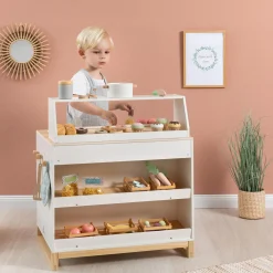 Trælegetøj|Rolleleg< 2-i-1 legekøkken & butik - Prunus (hvid)